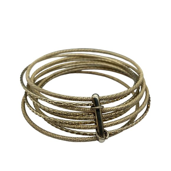Vintage Brass Stacked Bangles Bracelet, 9 Joined Engraved Thin Bangles, Textured - Picture 2 of 5